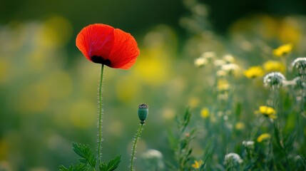 Poster - Red poppy flower among yellow and white wildflowers in field