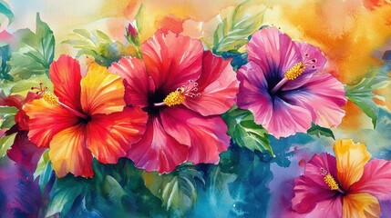 Poster - Vibrant blooming hibiscus flowers in sunny garden