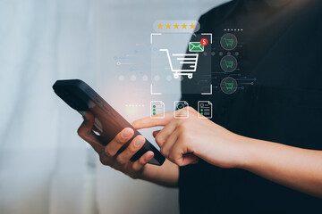 Poster - Mobile Shopping concept. Modern Individual Engaging in Mobile Shopping with Cart Icon and Notification Graphics on Smartphone Screen