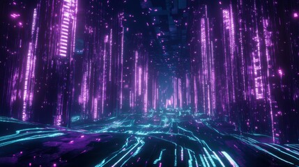 Leinwandbilder - Abstract digital tunnel with glowing purple and teal lines