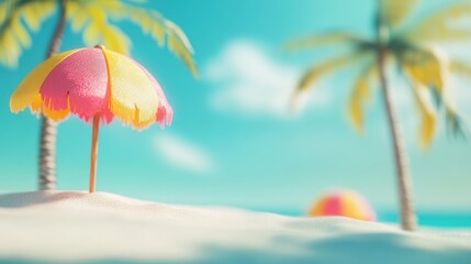 Poster - Pink and yellow beach umbrella and ball on tropical beach