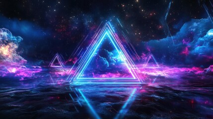 Poster - Abstract geometric shapes with neon lights in space environment
