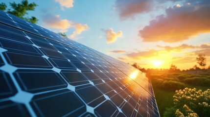 Aufkleber - Solar panel reflecting sunlight in serene rural sunset