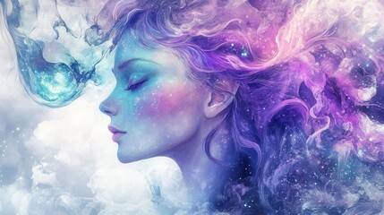 Poster - Young woman with flowing hair in dreamlike celestial art
