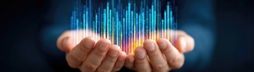 Poster - Consumer optimism and investment support level concept. Hands holding digital data representing innovation and technology.