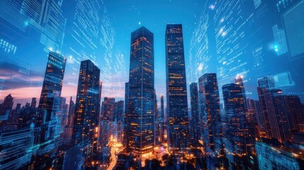 Poster - Futuristic city skyline with digital data streams at night