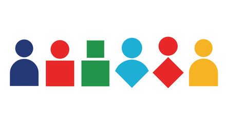Poster - Colorful geometric figures arranged in a row representing people in a simple and abstract style art
