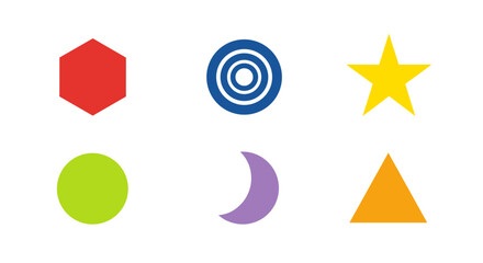 Poster - Illustration of six colorful geometric shapes including a star, oval, and crescent moon on white background