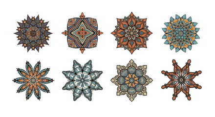Poster - Collection of eight intricately designed floral and geometric patterned mandalas on a white background
