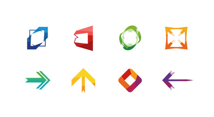 Poster - Collection of eight abstract colorful logos and arrows in various shapes and orientations on white
