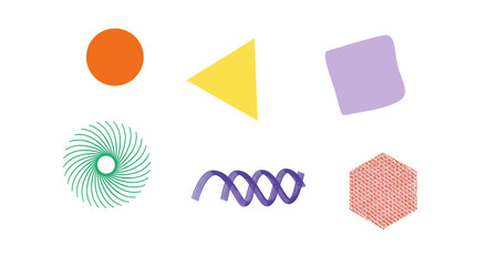 Poster - Geometric shapes in various colors including orange yellow purple green blue and pink on white background