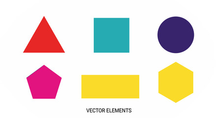 Poster - Illustration of six geometric shapes in different colors arranged in two rows on white background