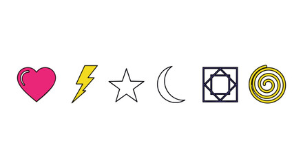Poster - Illustration of a pink heart, yellow lightning bolt, star, crescent moon, square and a yellow spiral shape