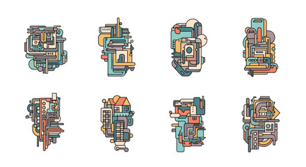 Fototapete - Collection of eight abstract geometric structures with pastel colors and dark outlines displayed on white