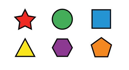 Poster - Illustration of six different geometric shapes each filled with a different bright color on white background