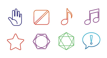 Poster - Illustration of hand, rectangle with diagonal line, music notes, star, gems, and speech bubble icon