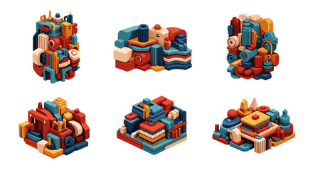 Fototapete - Isometric abstract structures in red blue and yellow with varying shapes and orientations art design