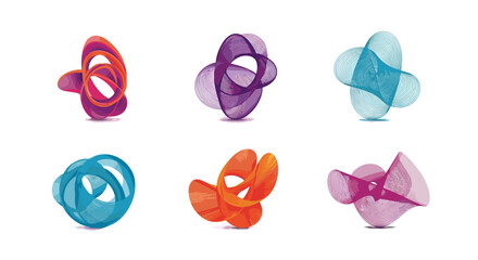 Fototapete - Six abstract sculptures with swirling lines in vibrant colors on a white background art installation