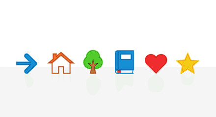 Poster - Illustration of a blue arrow, house outline, tree, book, red heart, and yellow star on a white background