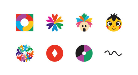Poster - Collection of abstract shapes and figures including a face and colorful designs arranged on white background