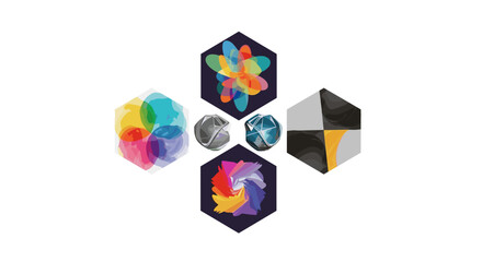 Fototapete - Composition of colorful abstract shapes and geometric figures arranged symmetrically on white background