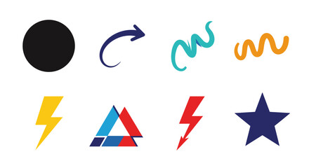 Poster - Collection of diverse graphic elements including shapes arrows and lightning on a white background art