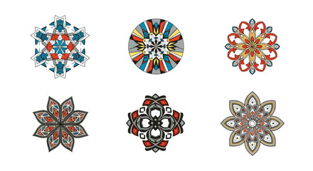 Fototapete - Collection of six stylized floral and geometric mandala designs in various colors on a white background