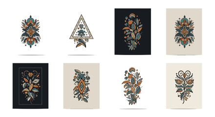 Fototapete - Collection of eight decorative floral and geometric designs in varying orientations and presentations