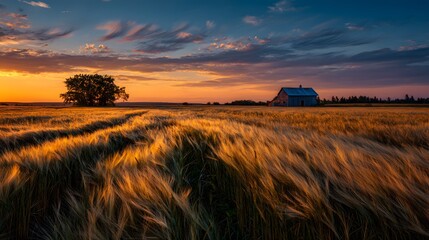golden nature landscape of wheat field rippling wind under late summer sky lone barn distance presen
