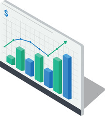 Poster - Financial growth chart with green and blue bar graphs and upward trend arrow in isometric style vector illustration 