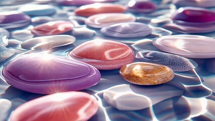 Poster - Beautiful collection of colorful stones shimmering in clear water at a serene beach location