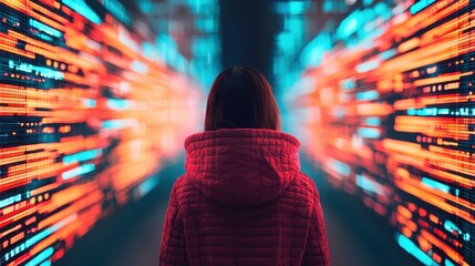 Poster - Person in Red Hoodie Surrounded by Glowing Neon Lights with Abstract Digital Data Visualization Effect