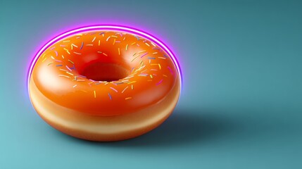 Poster - Donut with sprinkles on it is shown on a blue background. The donut is glowing with neon colors, giving it a fun and playful appearance