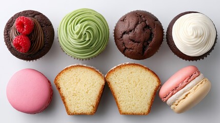 Poster - Row of cupcakes and a pastry with a pink filling. The cupcakes are decorated with frosting and raspberries