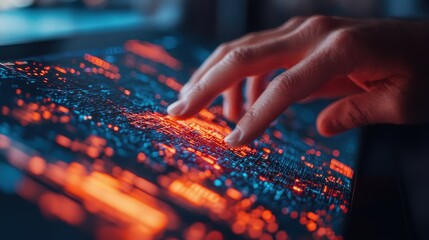 Poster - Futuristic Hand Interaction with Digital Interface Displaying Vibrant Data Patterns and Connections in Technology World