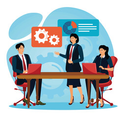 Poster - Business  Operations management concept. Company Operations Manager Holds Meeting Presentation.