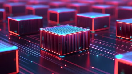 Poster - Futuristic Technology Scene with Neon Cubes on a Dark Background in an Abstract Digital Environment