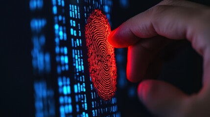 Poster - Digital Fingerprint Recognition Technology Concept with Red and Blue Data Visualization Background