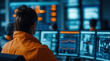 Poster - Analyst in a modern office wearing an orange jacket monitors multiple screens displaying data and statistics