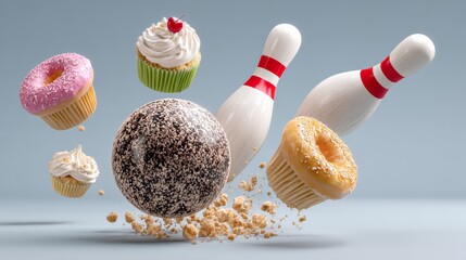 Poster - Bowl of doughnuts and cupcakes are flying through the air, with a bowling ball and two bowling pins in the background. Concept of fun and playfulness, as if the doughnuts