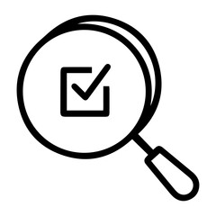Aufkleber - Outline style image depicts a magnifying glass, with a square checkbox containing a checkmark visible through its lens, symbolizing thorough verification or successful inspection. Related to auditing