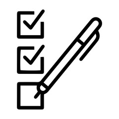 Aufkleber - Outline style image depicts a pen in the act of marking a checkmark in the third of three square checkboxes, with the first two already completed, symbolizing task completion. Related to productivity