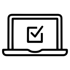 Aufkleber - Outline style image depicts a laptop computer with a large checkmark symbol displayed on its screen, indicating completion, approval, or success. Related to digital achievement, online validation