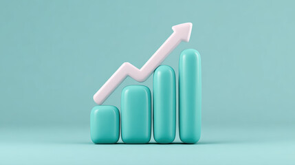 Poster - 3D bar graph with upward arrow symbolizes growth and success on teal background