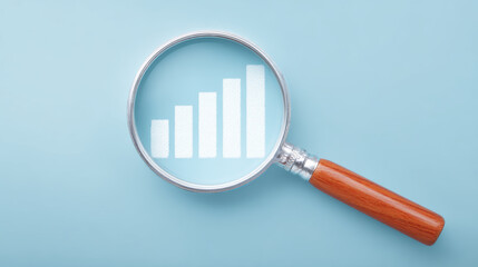 Poster - Magnifying glass focusing on bar graph against blue background, symbolizing data analysis