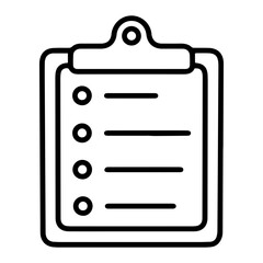 Aufkleber - Outline style image depicts a clipboard with a document attached, featuring four lines with empty circular checkboxes, implying a blank list, form, questionnaire. Related to surveys, data collection