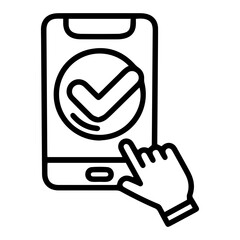 Aufkleber - Outline style image depicts a smartphone with a prominent checkmark symbol on its screen, and a hand cursor pointing towards the device, indicating an action completed or approved on a mobile phone