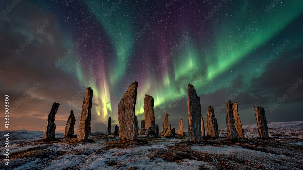 Green and violet aurora curtains glowing above an ancient stone circle on a frosty tundra plain