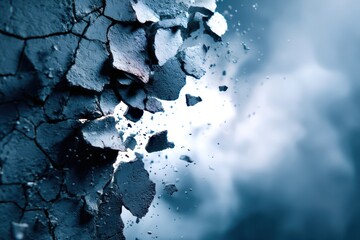 Poster - A wall with a large hole in it and a cloud in the background