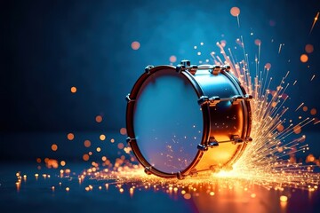 Poster - A silver drum is surrounded by sparks and fire